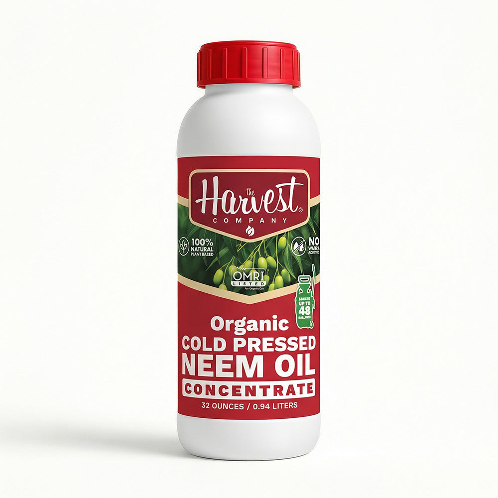 Bottle of Organic Cold Pressed Neem Oil Concentrate with a red label on a white background