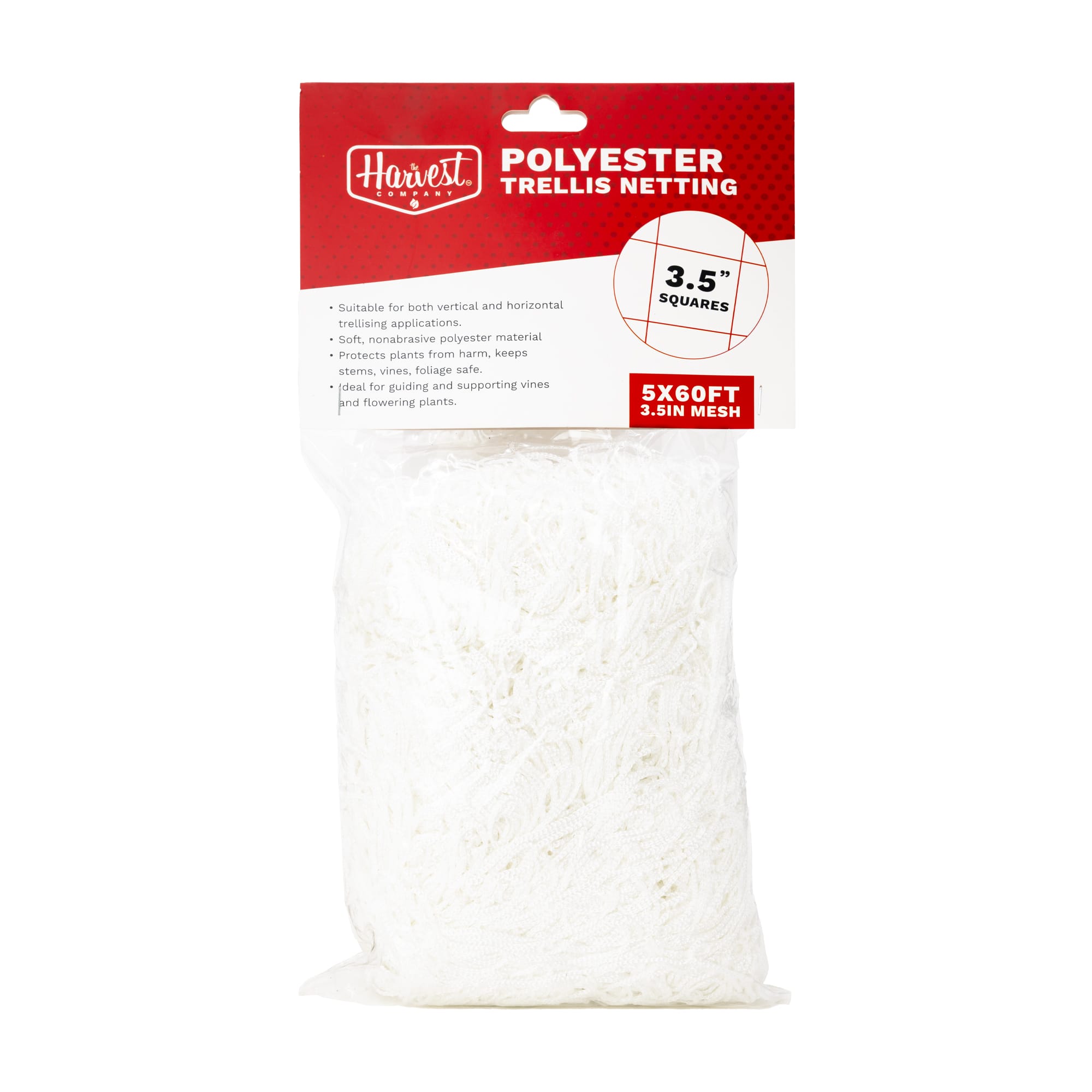 Package of polyester trellis netting with red and white label on a white background