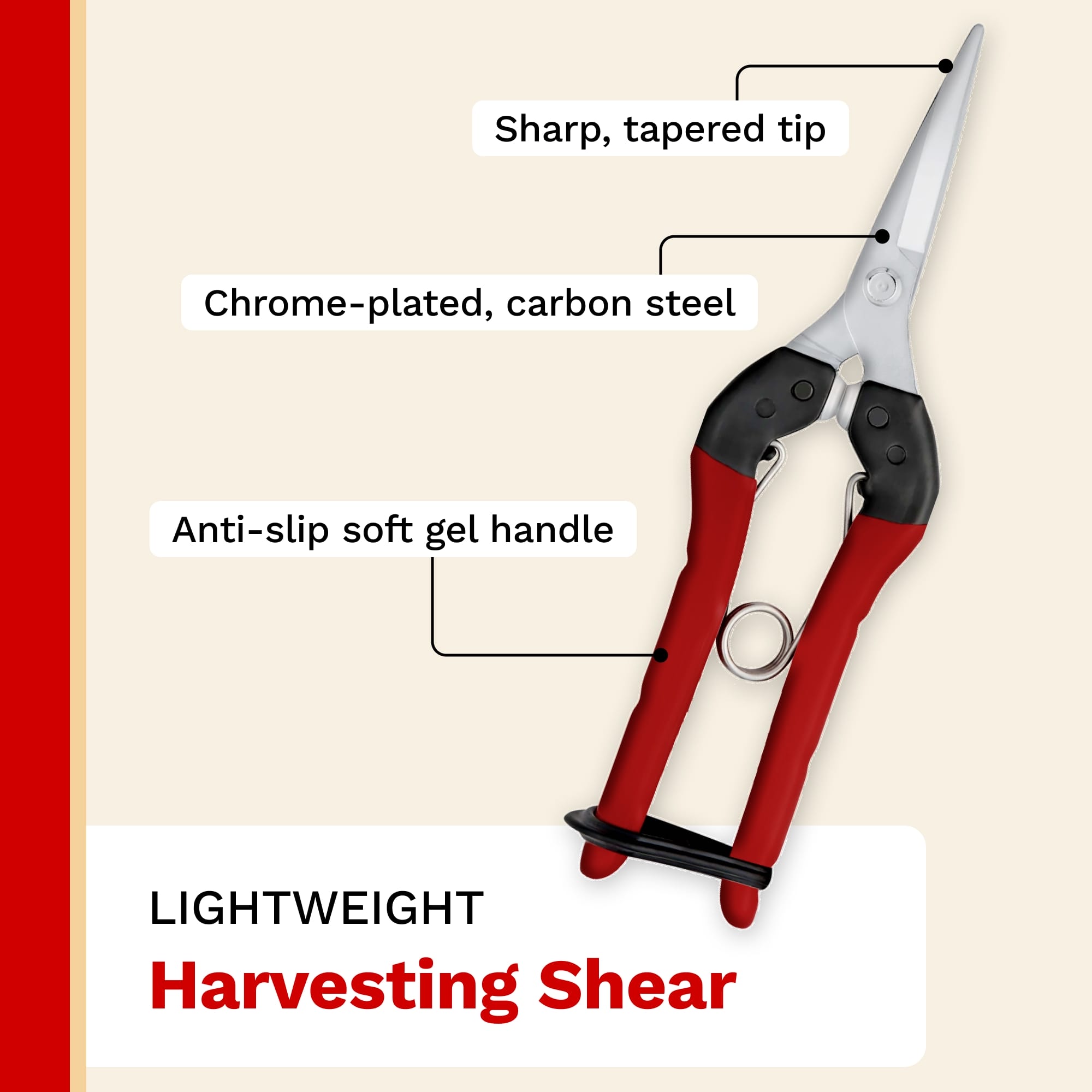 Harvesting shear with labeled features on a beige background