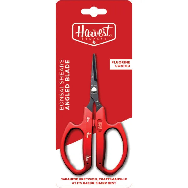 Red bonsai shears with straight blade on a red Harvest Company packaging