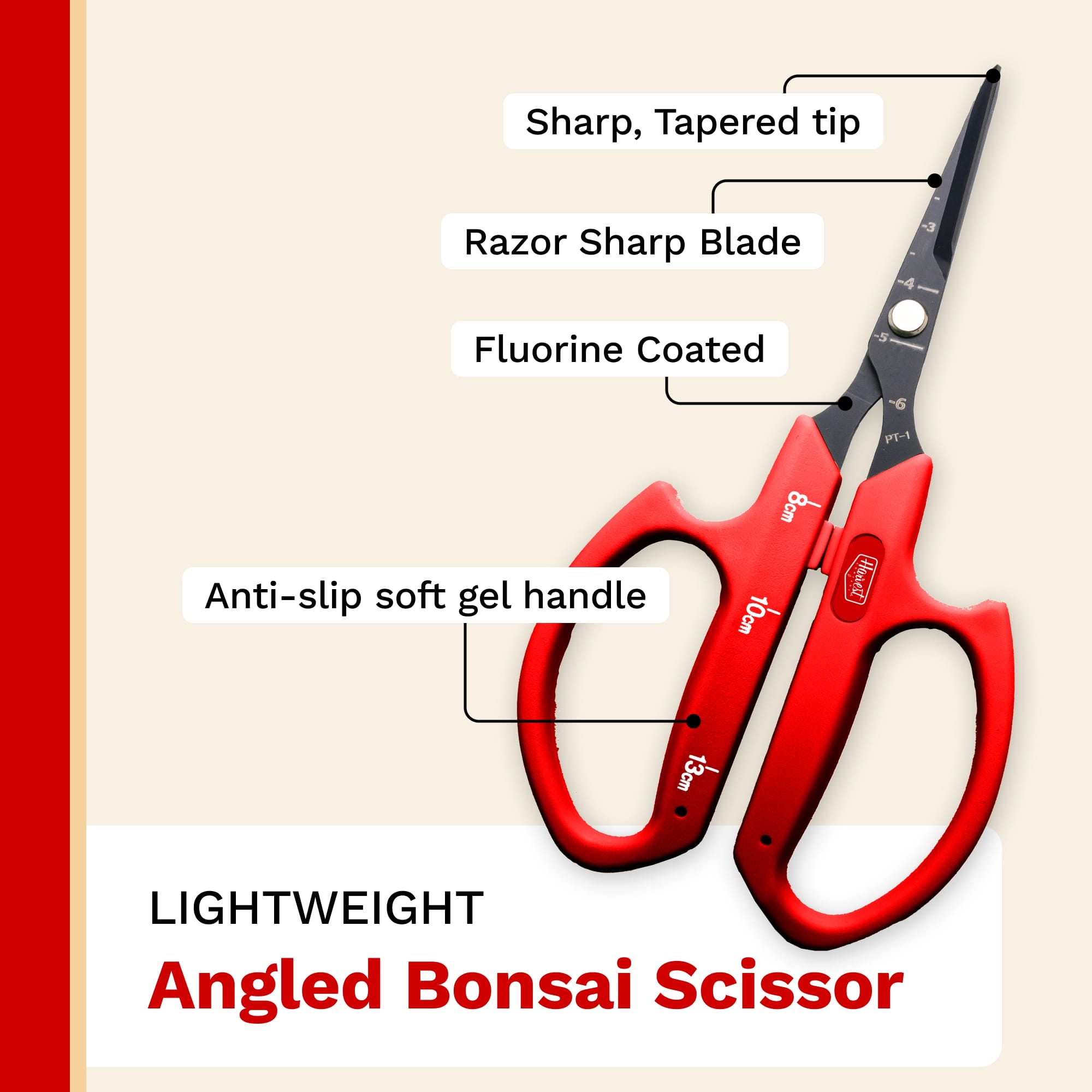 Red bonsai scissors with labeled features on a beige background