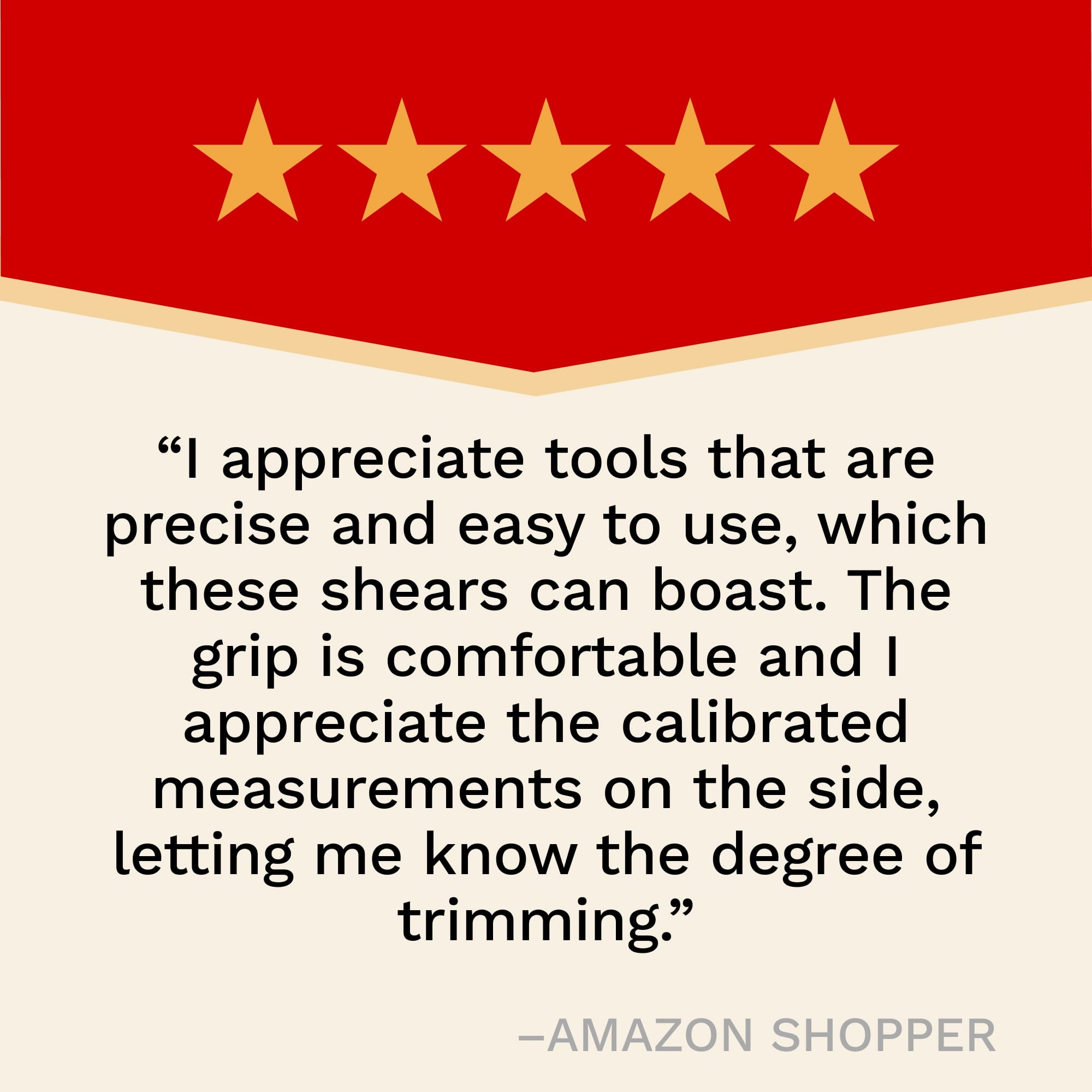 Five-star rating with a positive review of shears on a red and beige background