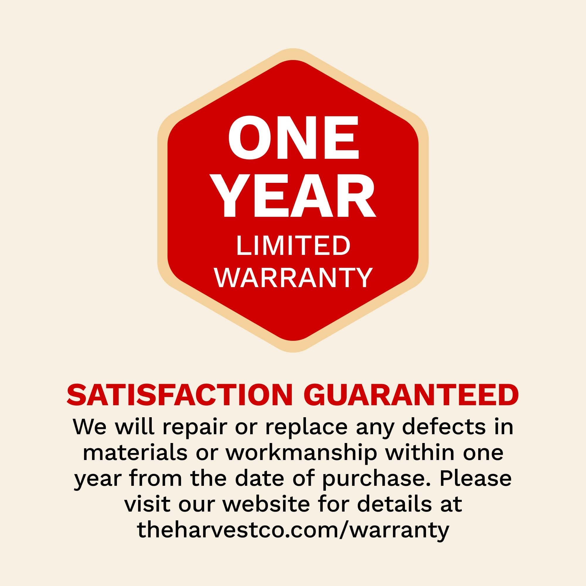 One Year Limited Warranty label on a beige background