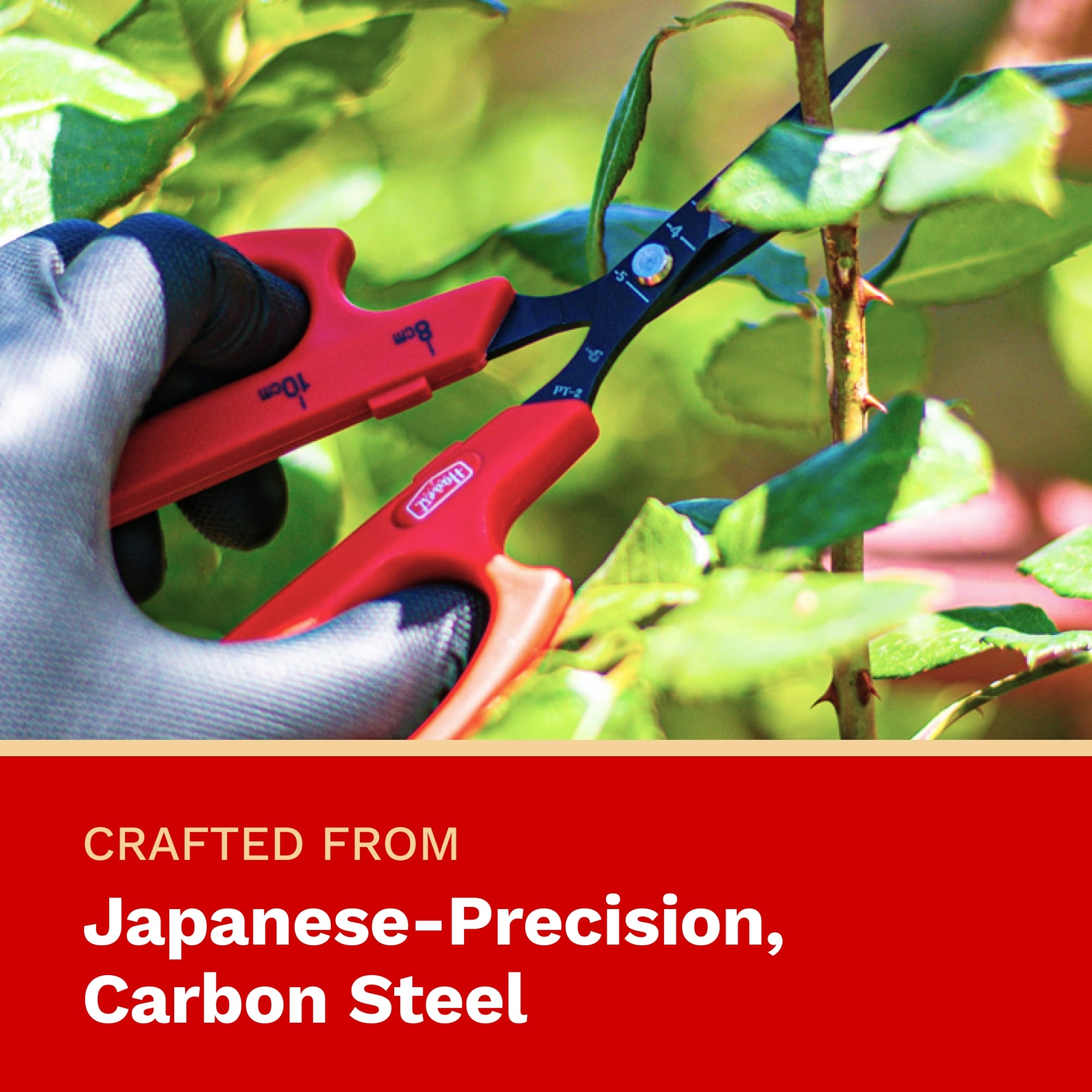 Gardening shears with red handles being used on a plant, with text about material quality.