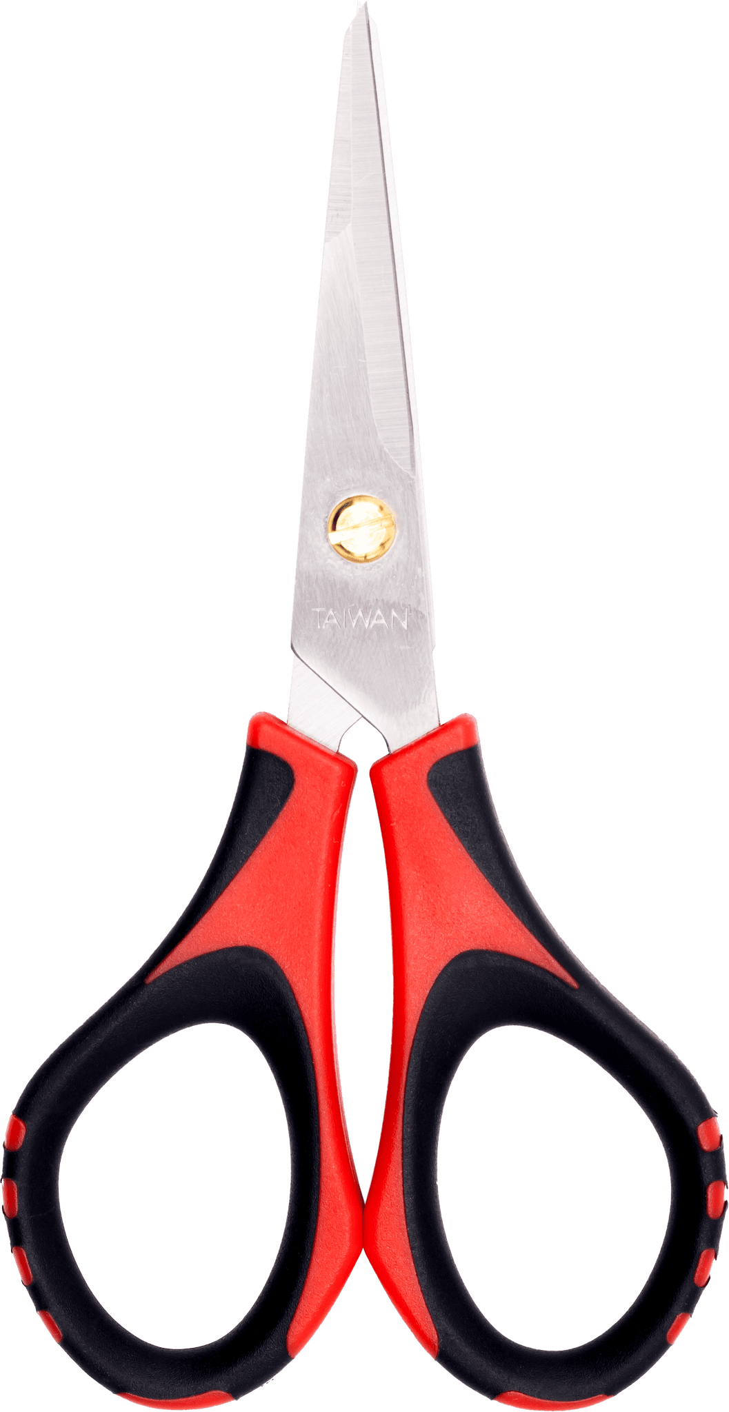 Scissors with red and black handles on a transparent background