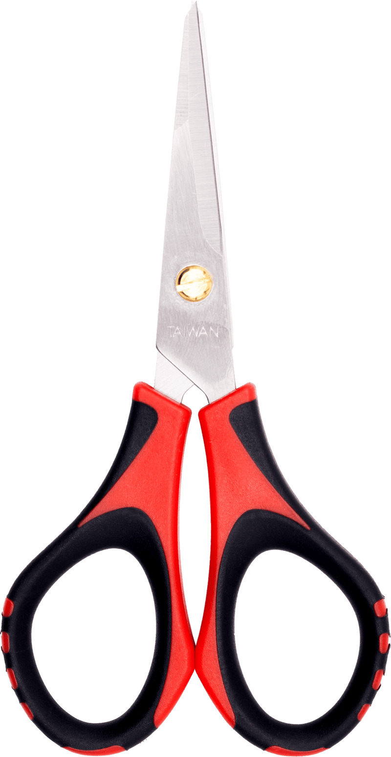 Scissors with red and black handles on a transparent background