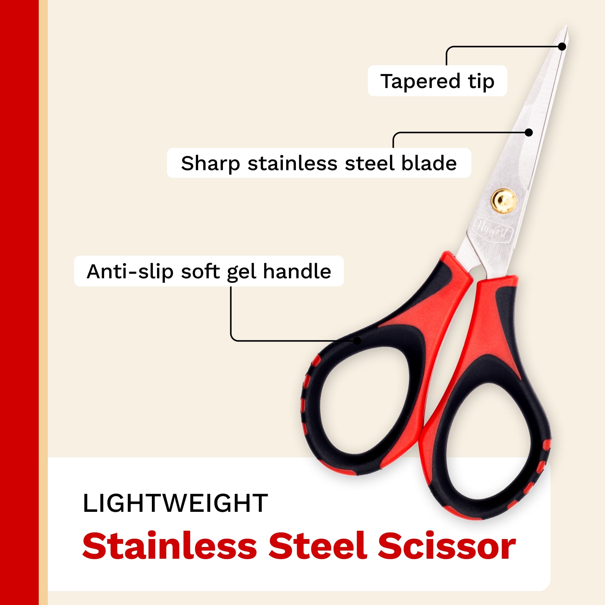Stainless steel scissors with labeled features on a beige background
