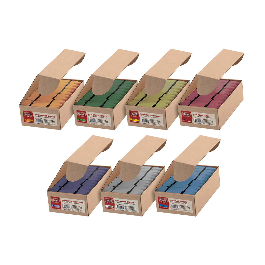 Set of six boxes containing colorful swatches on a white background