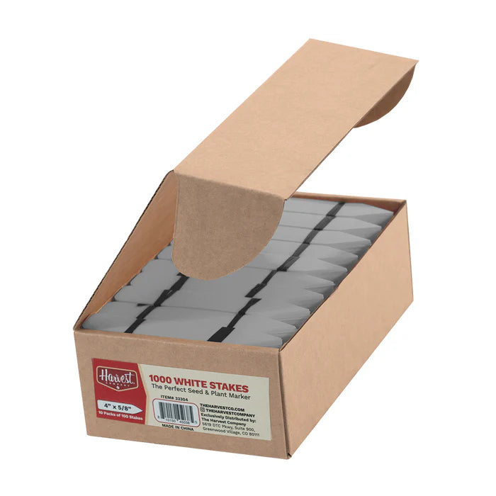 Box of white stakes with a visible brand label on a white background