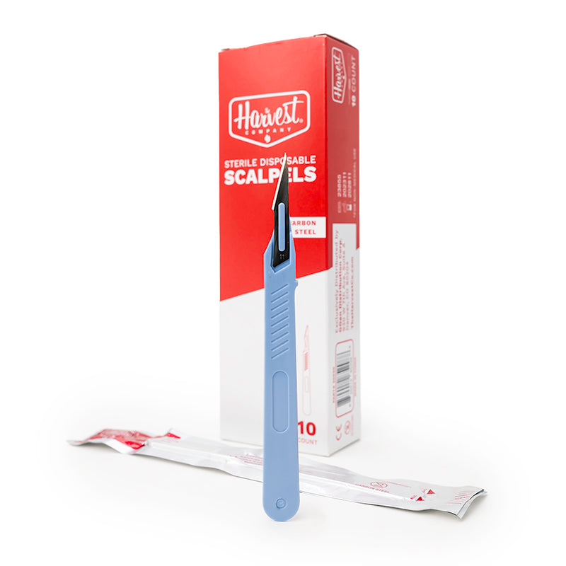 Harvest brand sterile disposable scalpel with packaging on a white background