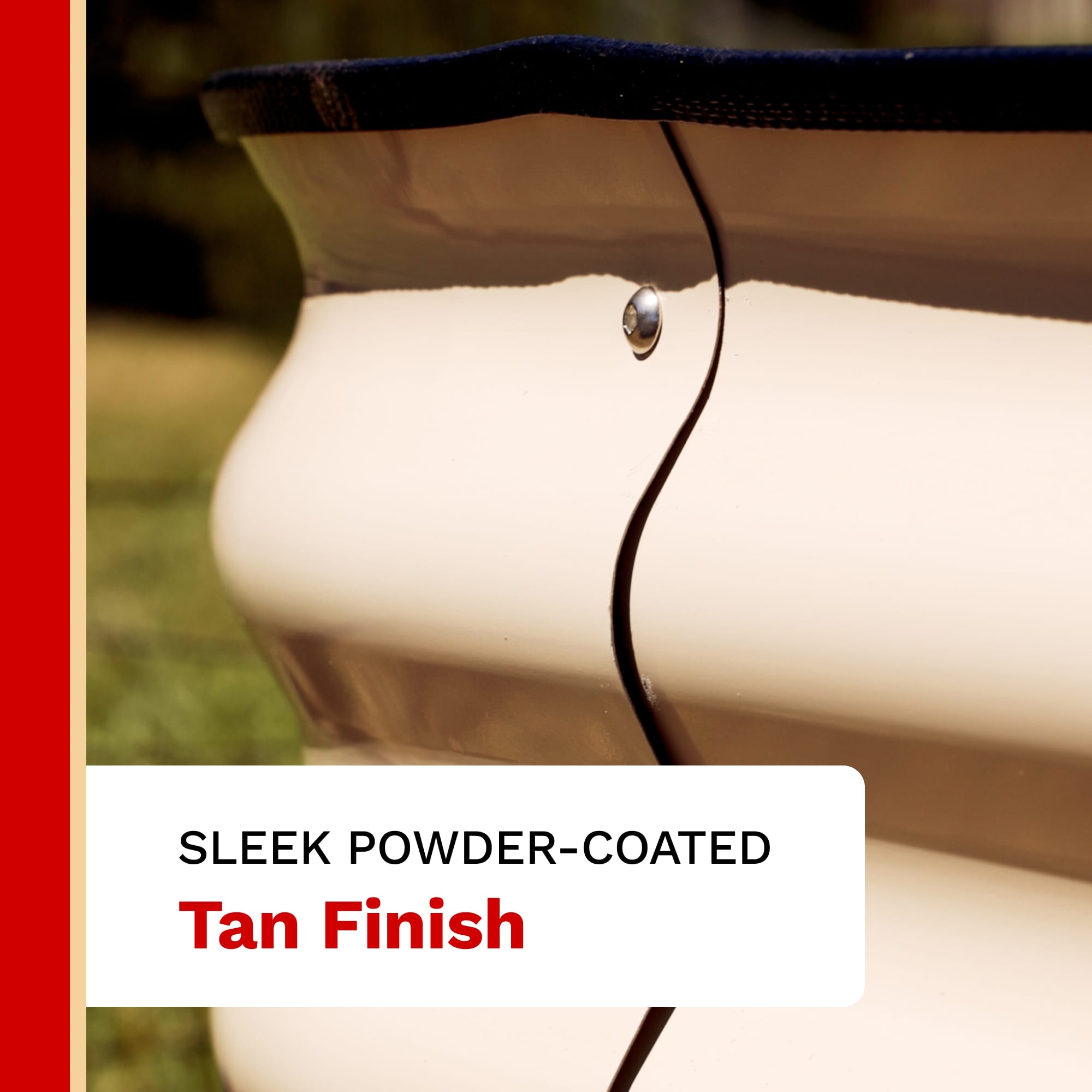 Tan powder-coated surface with a red border and text overlay.