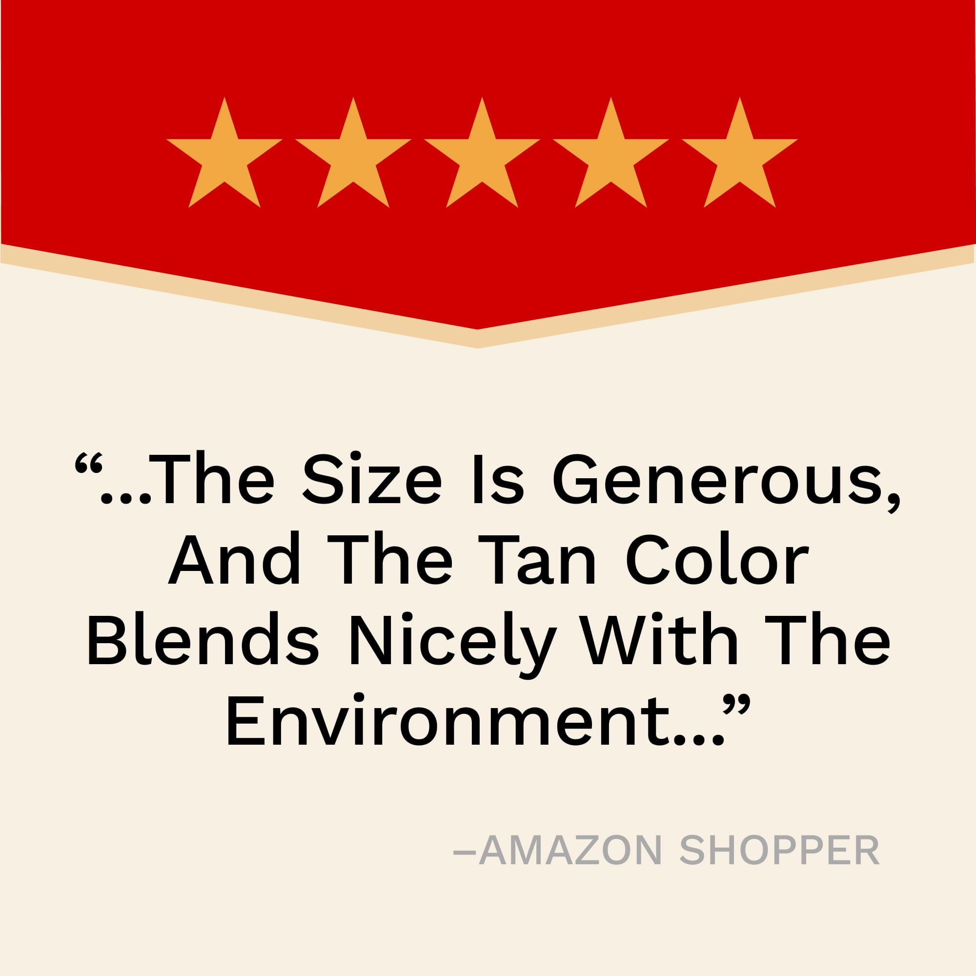 Five-star rating with a quote from an Amazon shopper on a red and beige background
