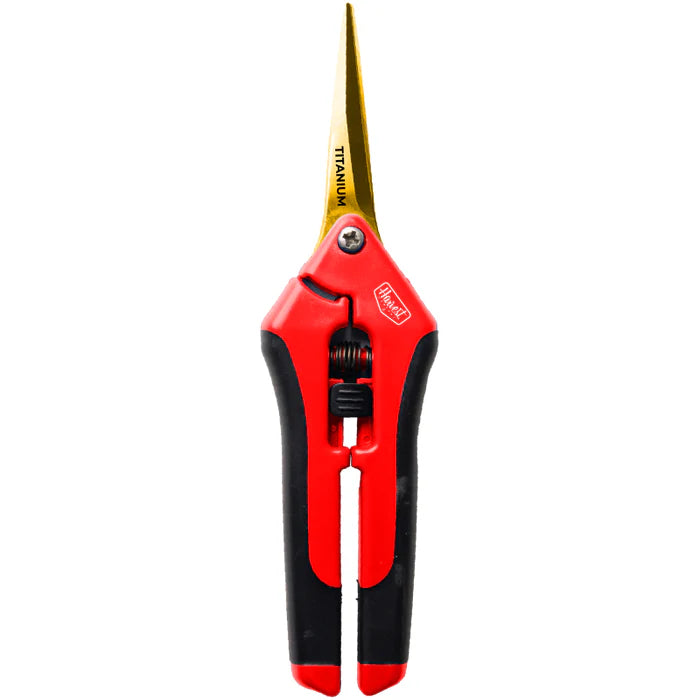 Gardening shears with red and black handle on a white background