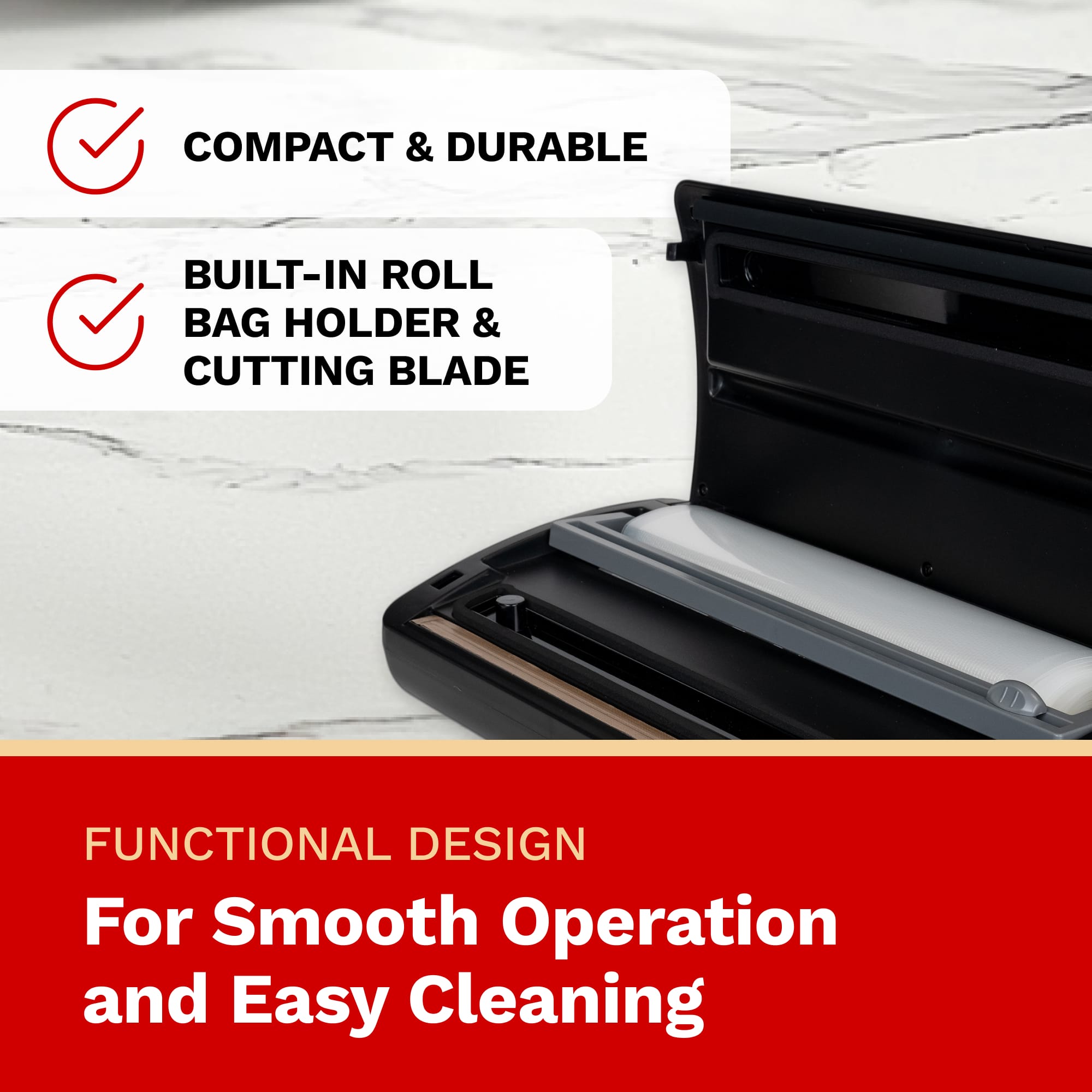 Black and gray device with text highlighting compactness, durability, roll bag holder, cutting blade, and functional design.