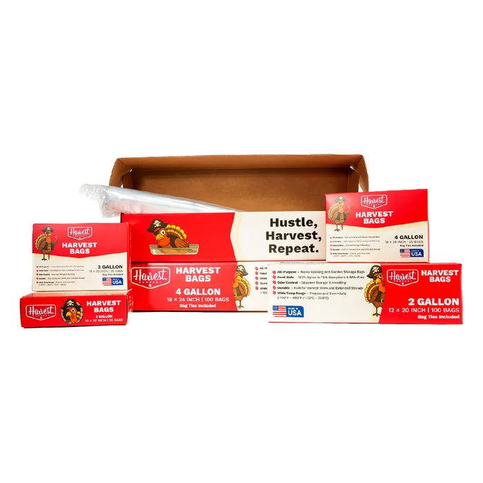 Harvest bags packaging with red and white design on a white background