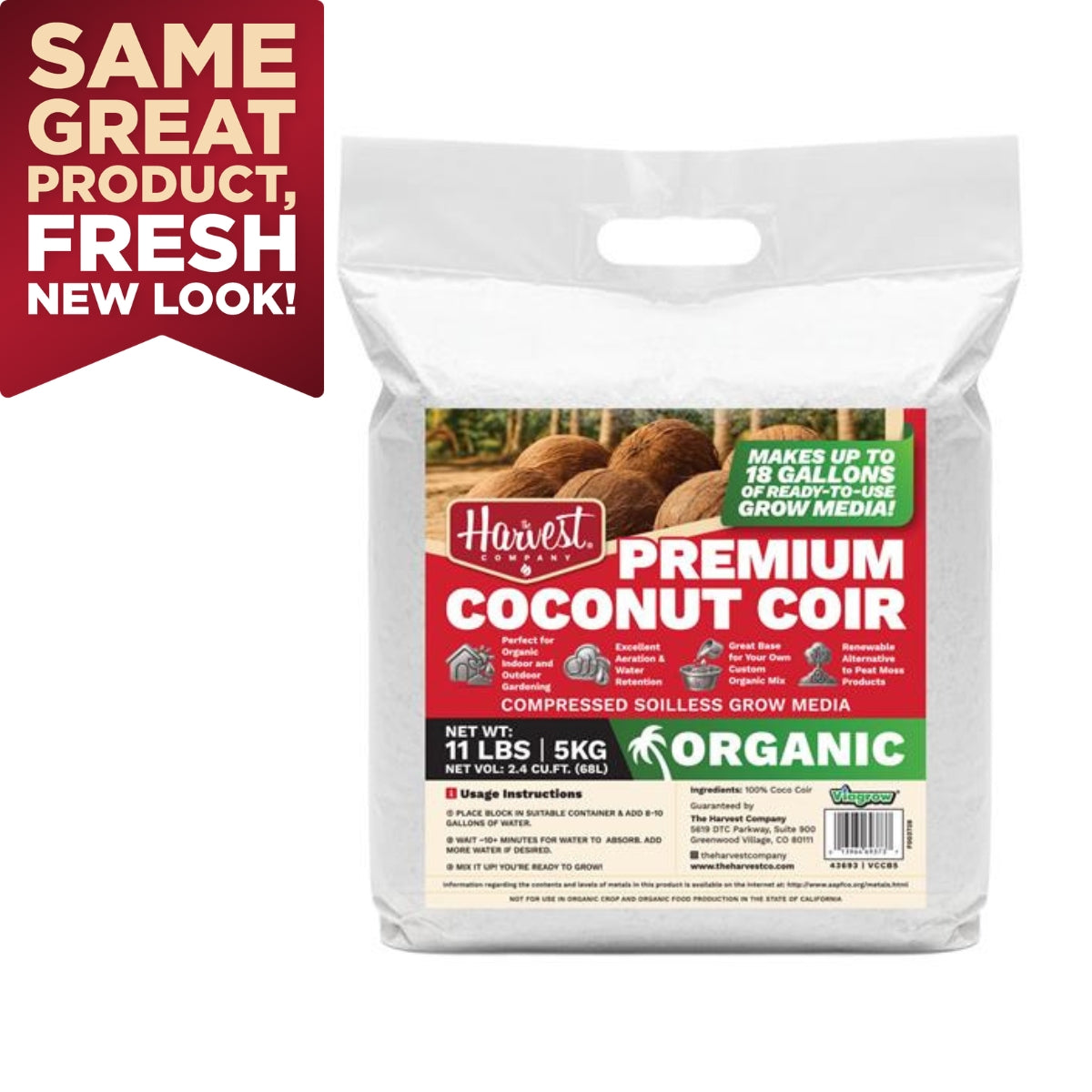 The Harvest Company 5 kg (11 lb.) OMRI Organic Compressed Coconut Coir