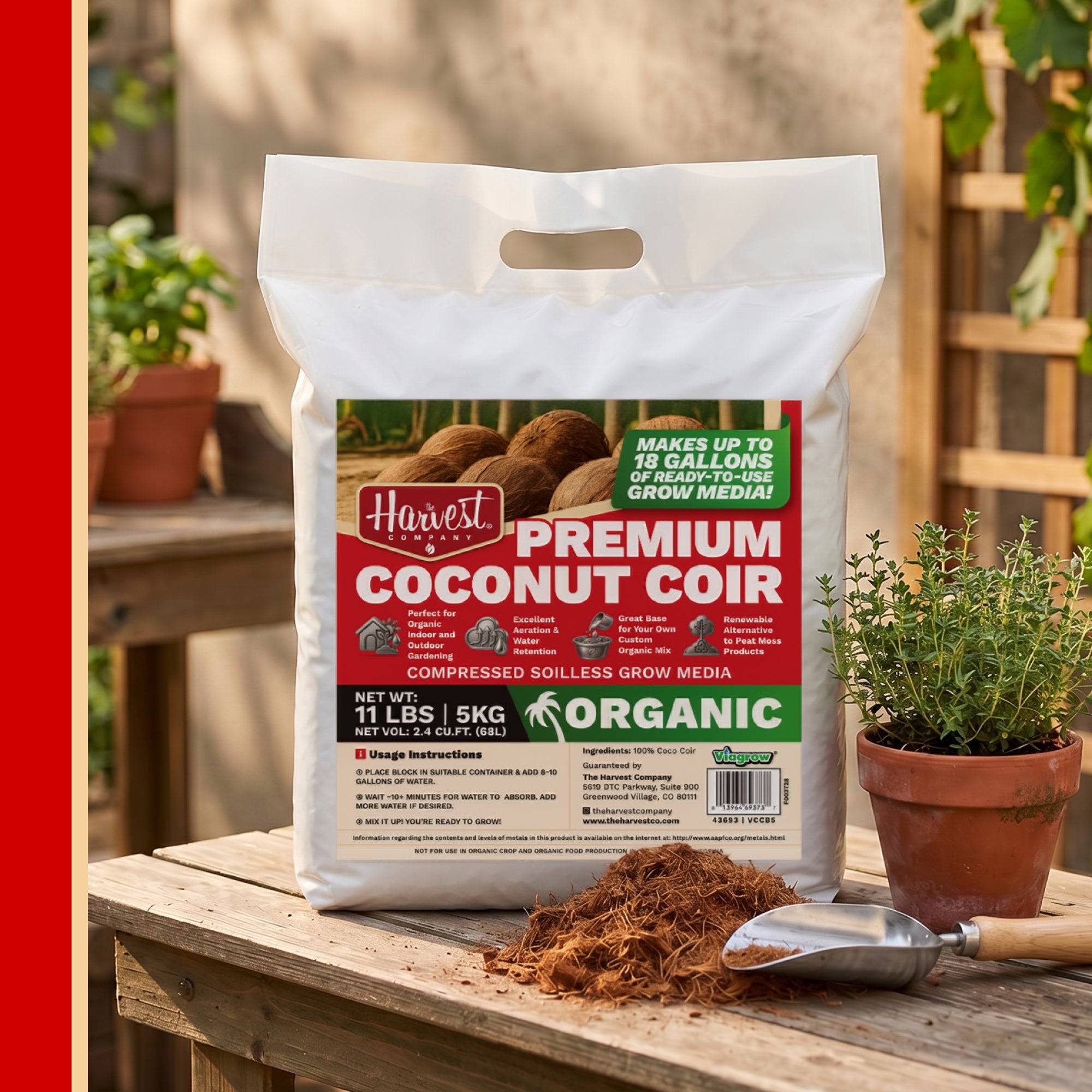 The Harvest Company Viagrow 5 kg (11 lb.) OMRI Organic Compressed Coconut Coir Premium Grow Media (Packs)