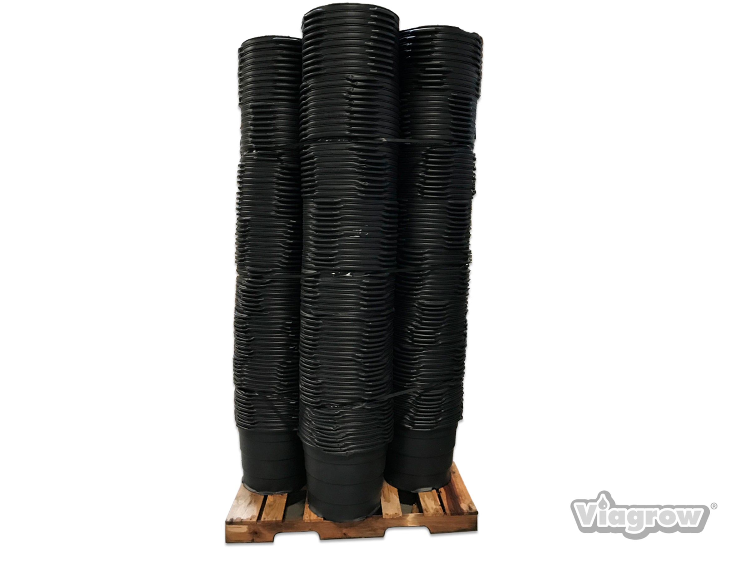 A stack of black 15 gallon nursery pots on a wooden pallet with the Viagrow logo visible on the side of the pots.