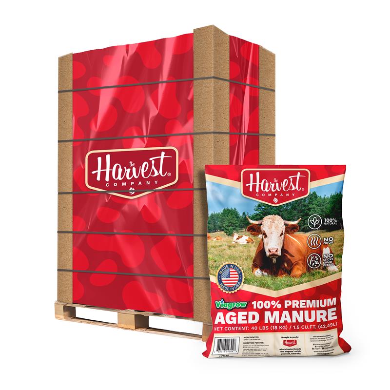 Harvest Company manure packaging on a pallet with a smaller package in front.