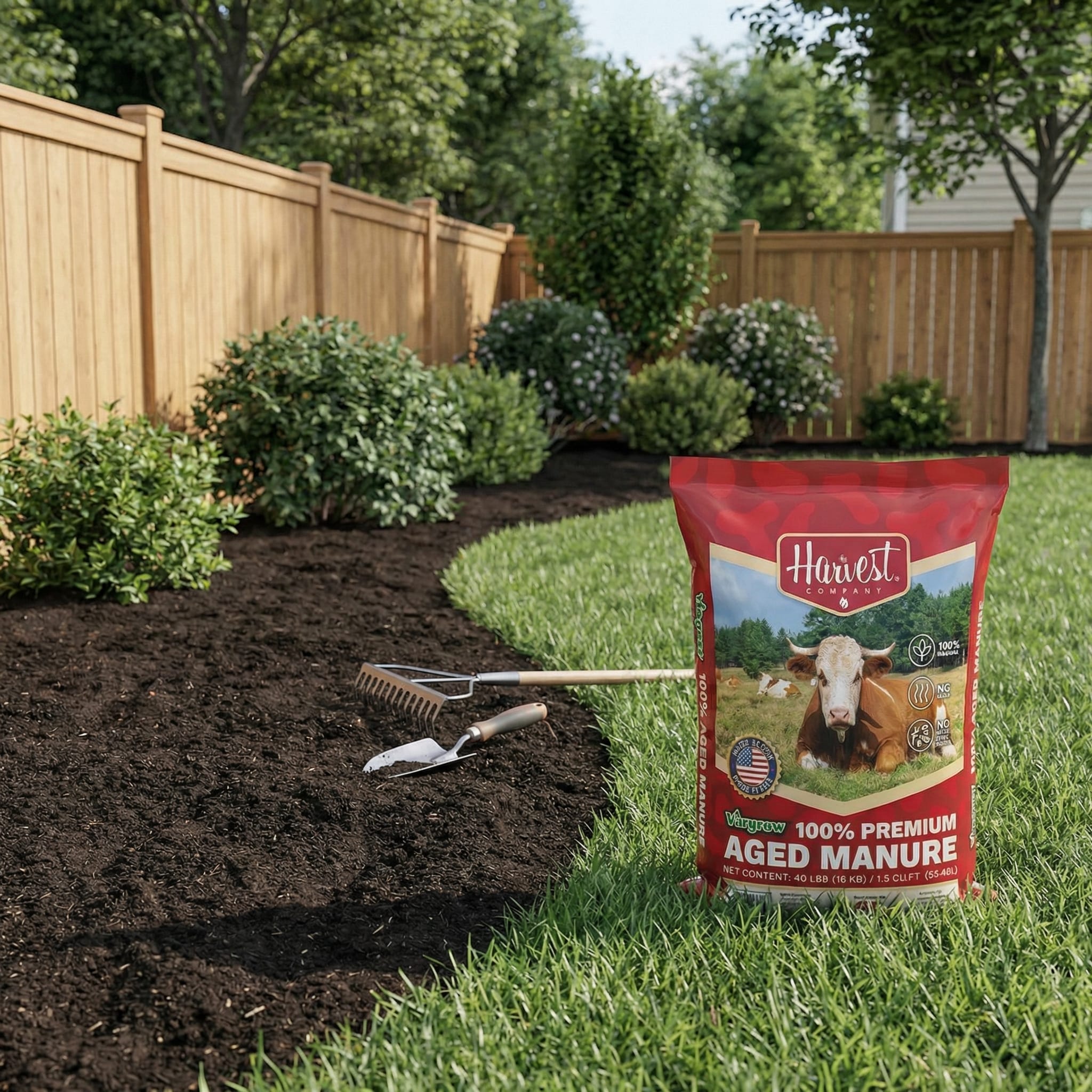 Bag of Harvest 100% Premium Aged Manure on a lawn with gardening tools nearby.