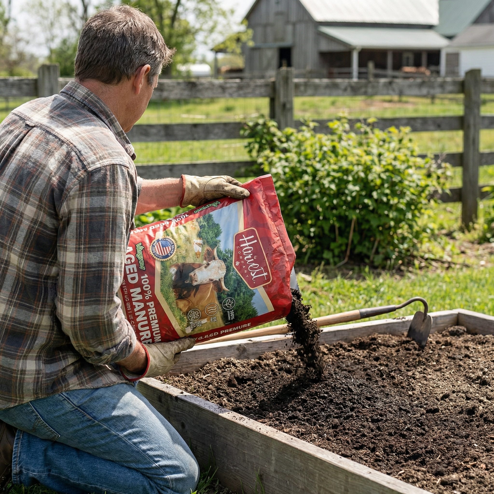 Man holding a bag of aged manure while working in a garden bed with a barn in the background.