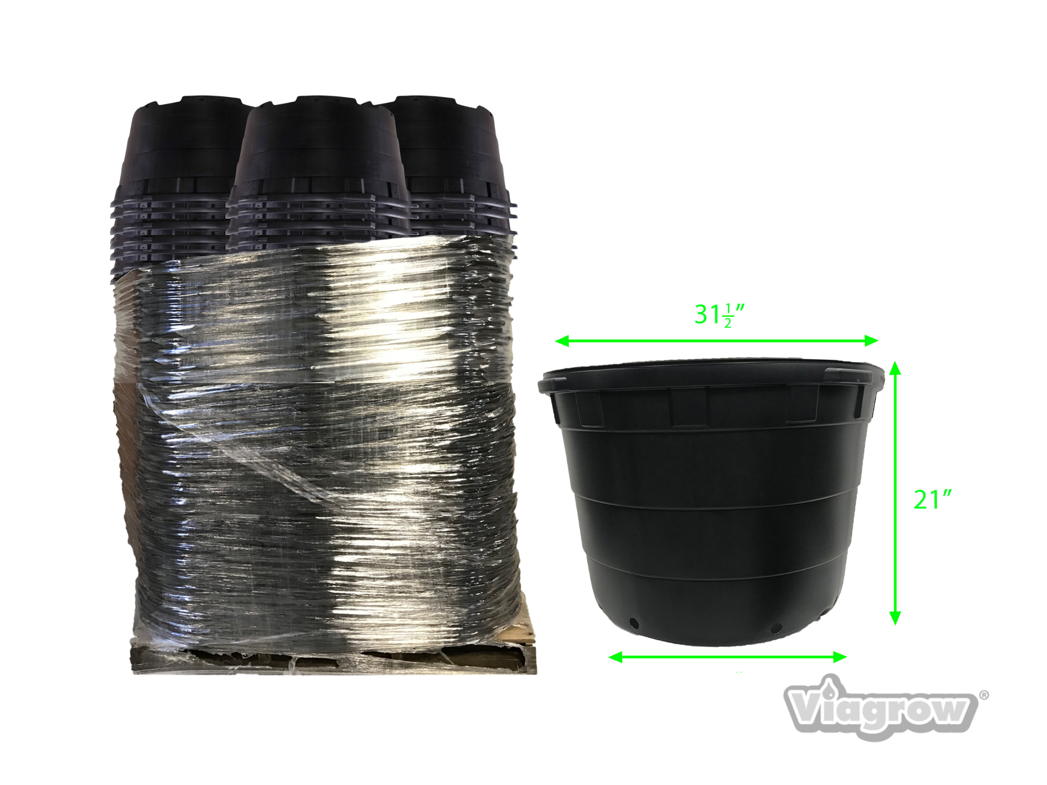 A stack of black, round plastic plant pots with a raised rim, displayed alongside dimensions indicating a top diameter of 31.5 inches and a height of 21 inches.