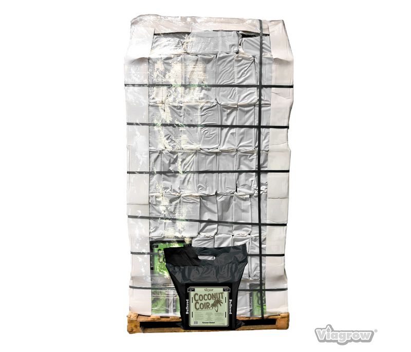 A compressed brick of Viagrow buffered coconut coir grow media, wrapped in plastic for packaging.