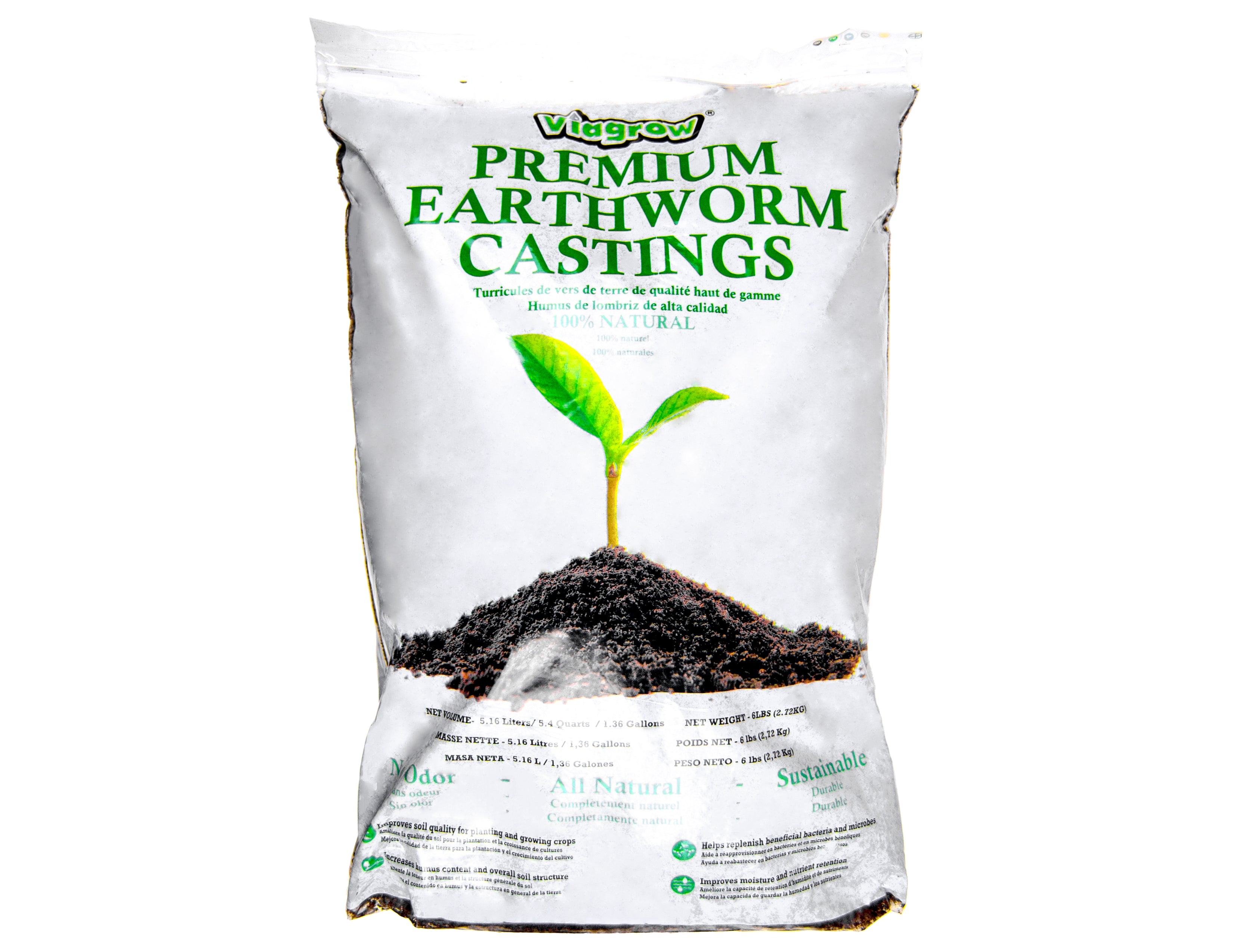 A bag of Viagrow Premium Earthworm Castings with a graphic of a green plant sprouting from the soil on the front.