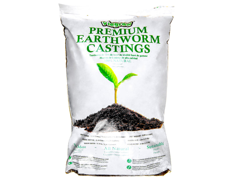 A bag of Viagrow Premium Earthworm Castings with a graphic of a green plant sprouting from the soil on the front.