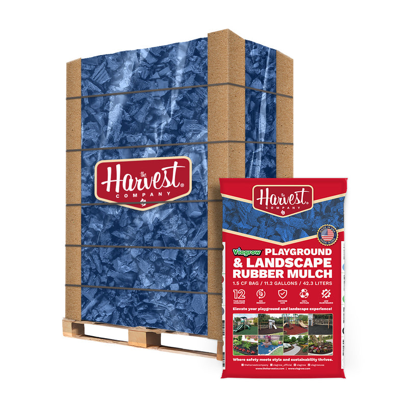 Harvest Company playground and landscape rubber mulch packaging on a pallet