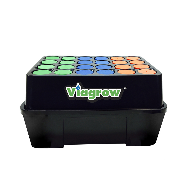 Viagrow Clone Machine, a 24-site aeroponic hydroponic system with a black base and sites colored in green, orange, and blue, meant for plant cloning.