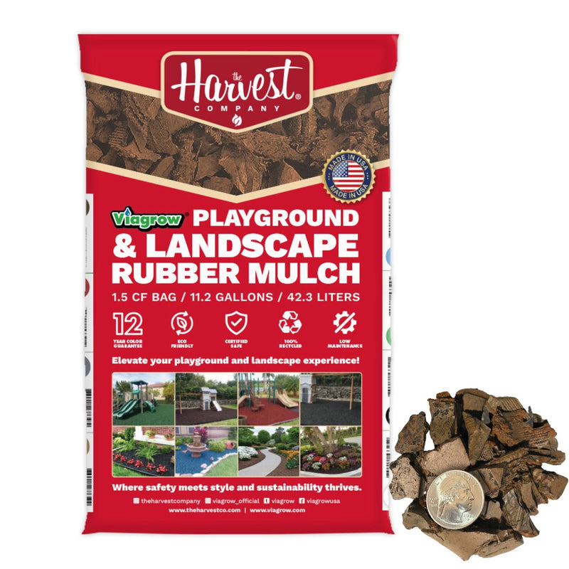 Bag of playground and landscape rubber mulch with Harvest Company branding