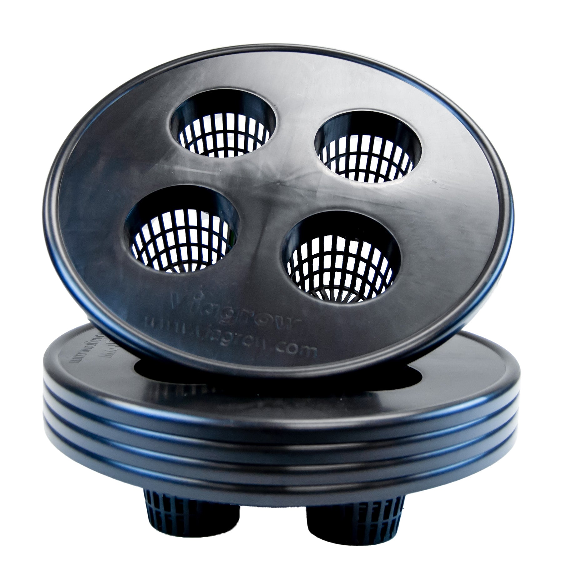 A black opaque plastic bucket lid with four circular black net pots designed for hydroponic applications, displayed against a white background.