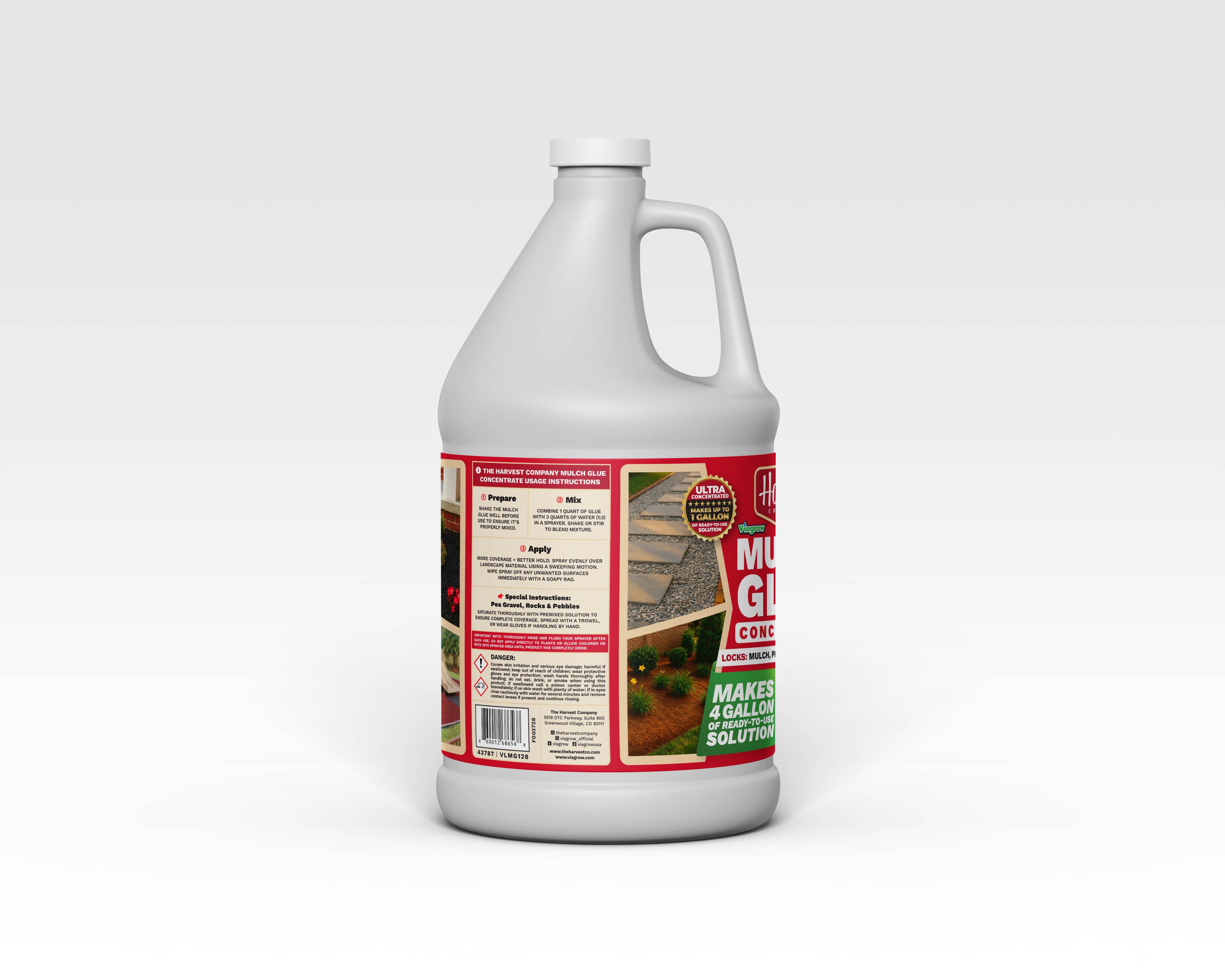 White gallon container with a red label on a white background