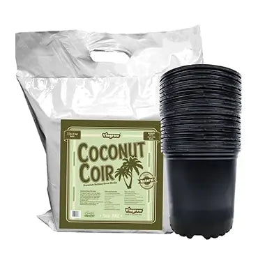 A set of black HDPE plastic nursery pots and a bag of Viagrow coconut coir brick, designed for gardening.