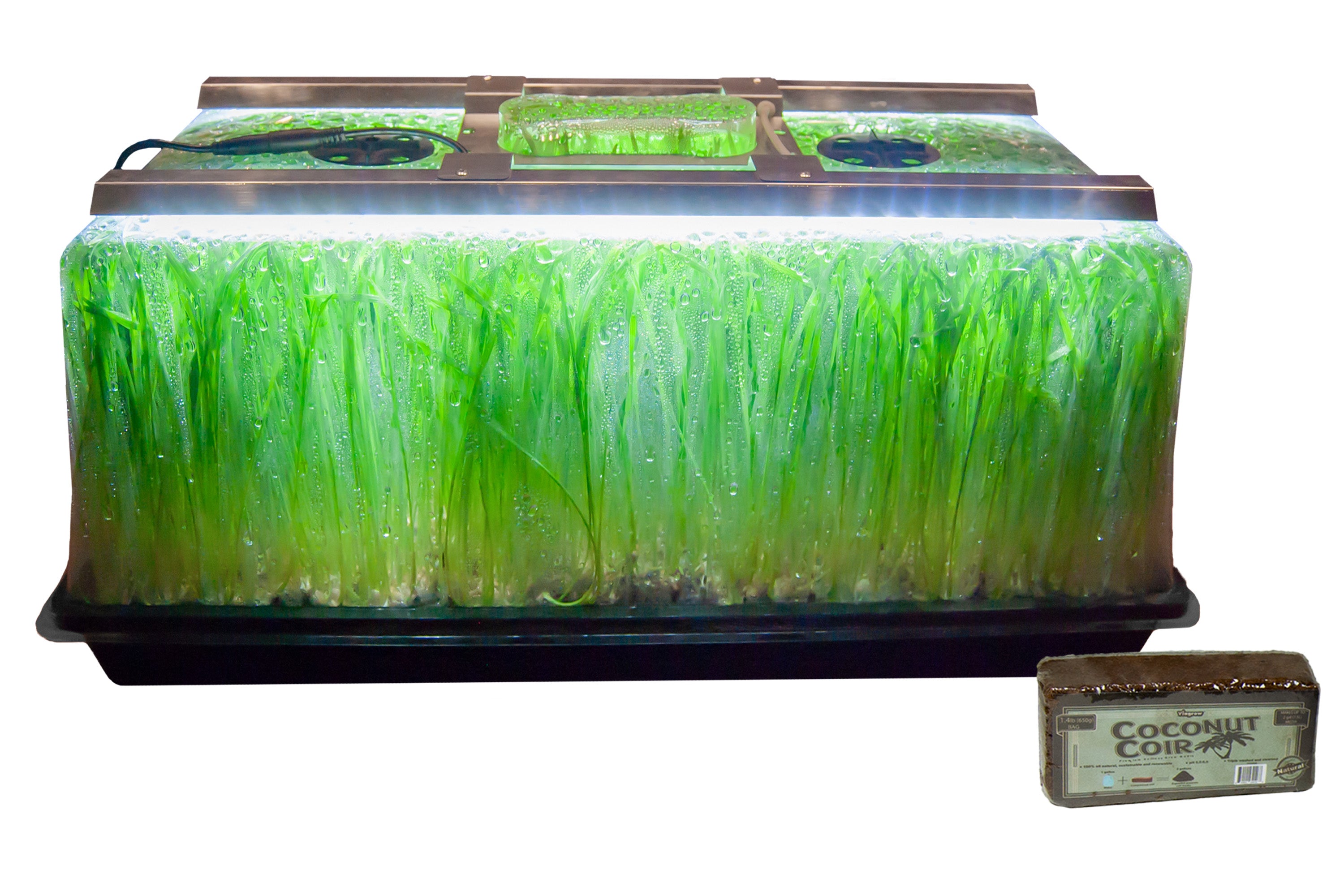 Viagrow seedling station kit with LED grow light and a propagation dome on top of a durable propagation tray, alongside an organic coconut coir brick.