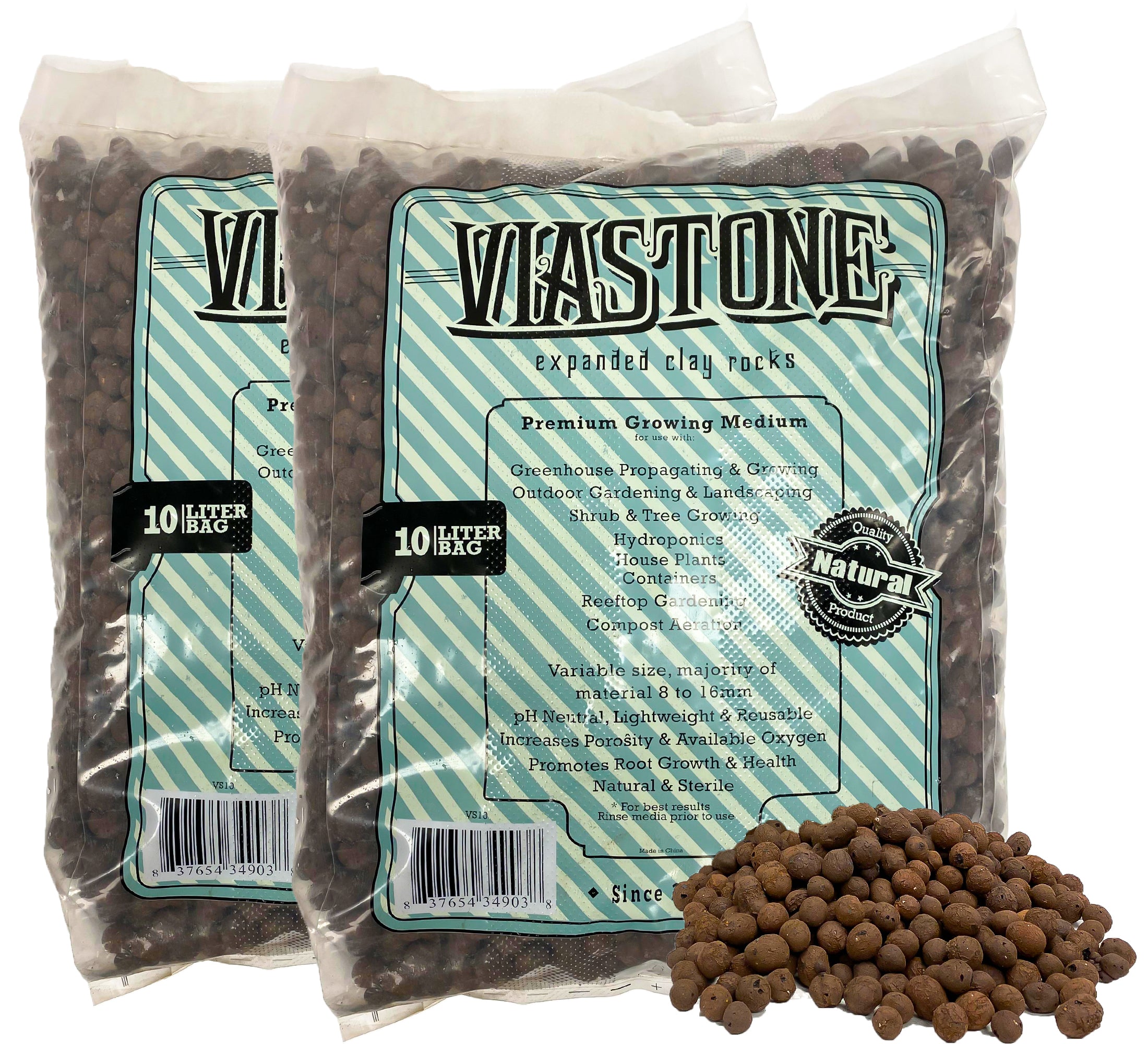 Multiple packages of Viastone expanded clay rocks, with the product visible in the foreground.
