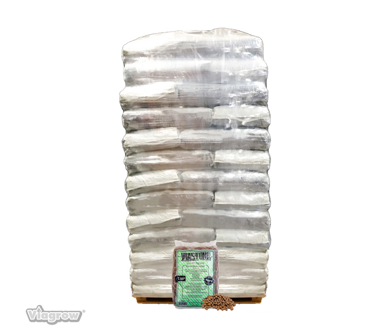 A pallet of 50 Viastone 2L expanded clay rocks, stacked in a column, with one bag of product visible in front of the stack showing the brand and product name.