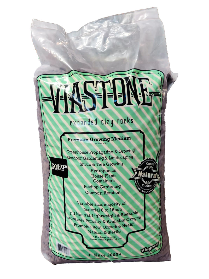 Bag of Vastone expanded clay rocks with green and white label on a white background