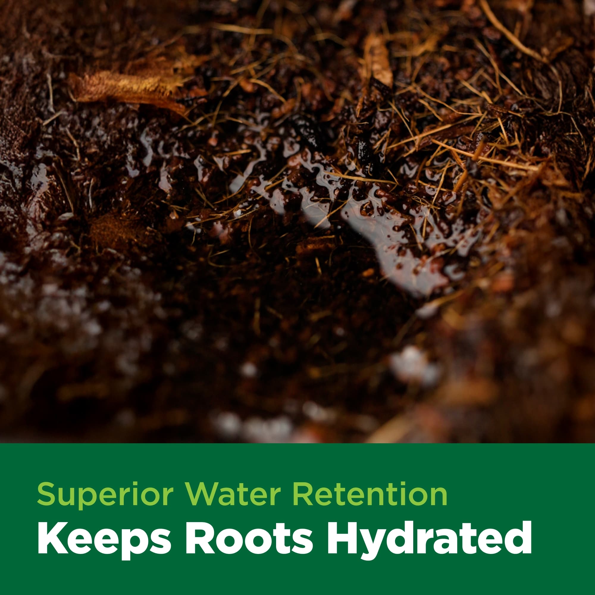 Close-up of soil with water retention text overlay