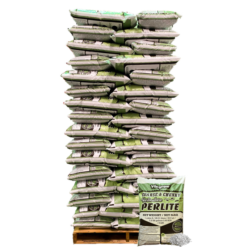 A pallet of Viagrow coarse and chunky grade perlite bags, primarily in white color, stacked together.