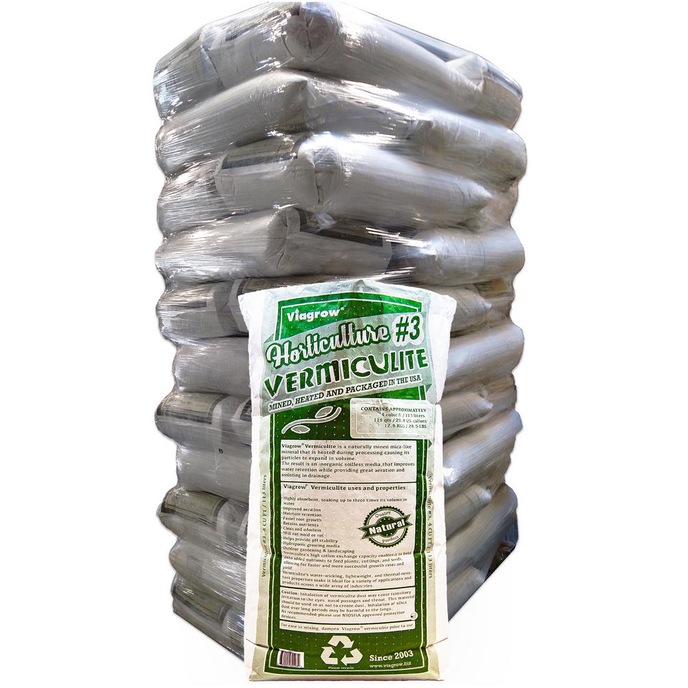A stack of white bags labeled Viagrow Vermiculite, with one bag in front displaying product details.