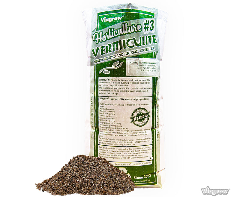 A package of Viagrow Vermiculite with a sample of the vermiculite material shown in front of the package.