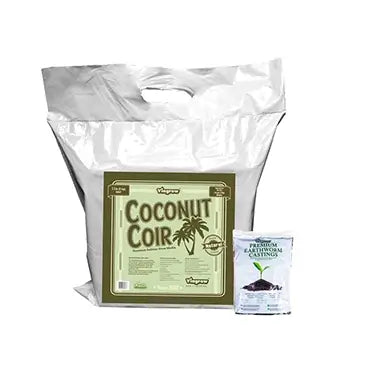 A packaged Viagrow coconut coir block, alongside a small bag of earth worm castings.