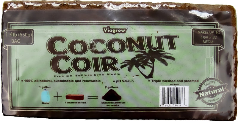 A packaged Viagrow Coconut Coir Compressed Brick, labeled as premium grow media for organic gardening.