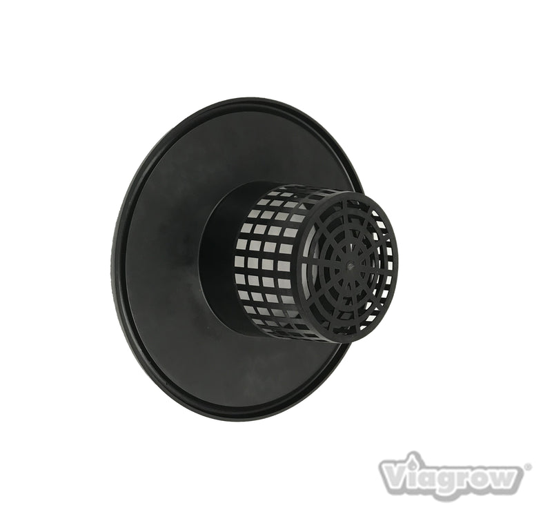 A black mesh pot bucket lid insert with a 6-inch net cup, designed for hydroponic applications, displayed on a white background.