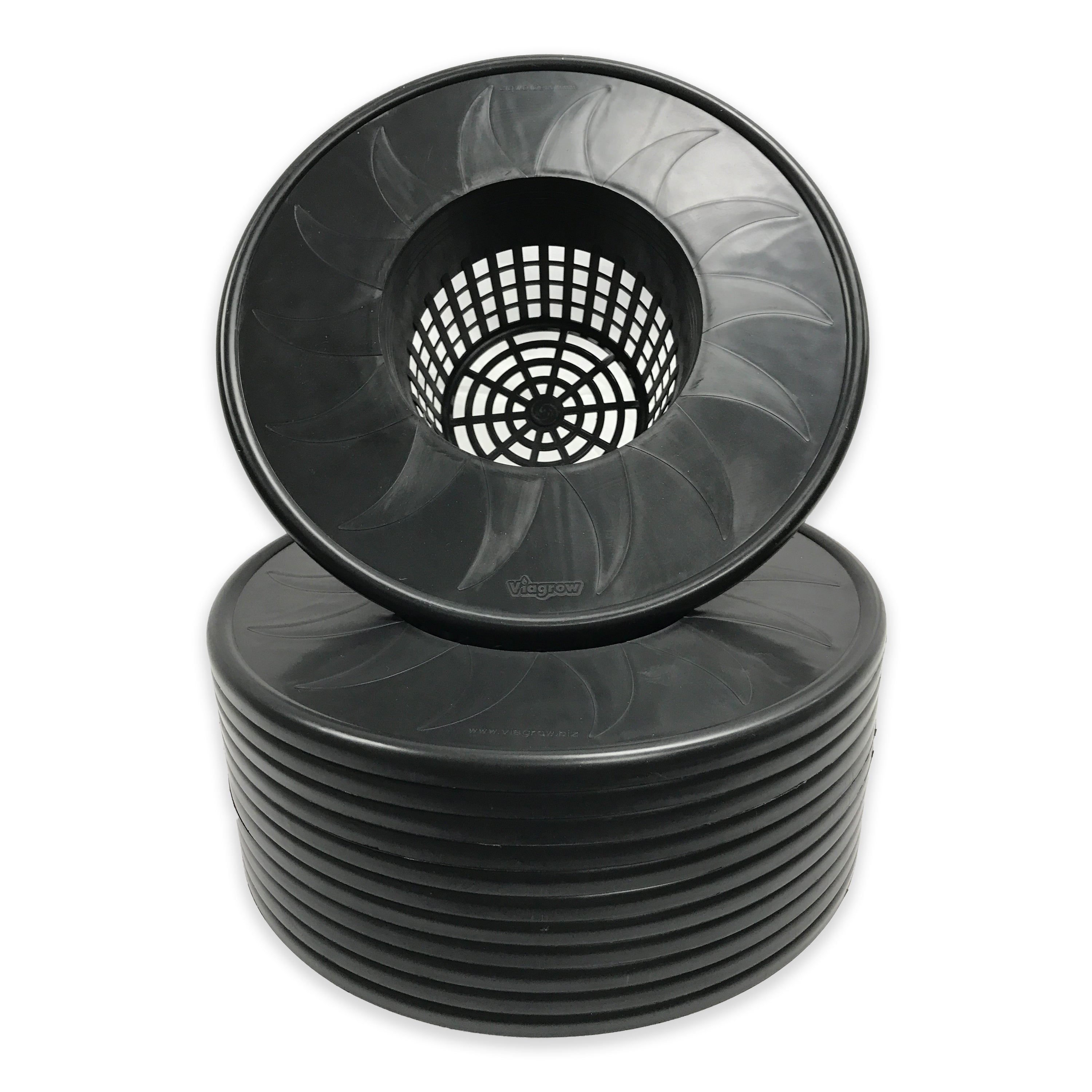 A stack of black mesh pot bucket lid inserts, with the top one showing the net-like structure through which air can pass.