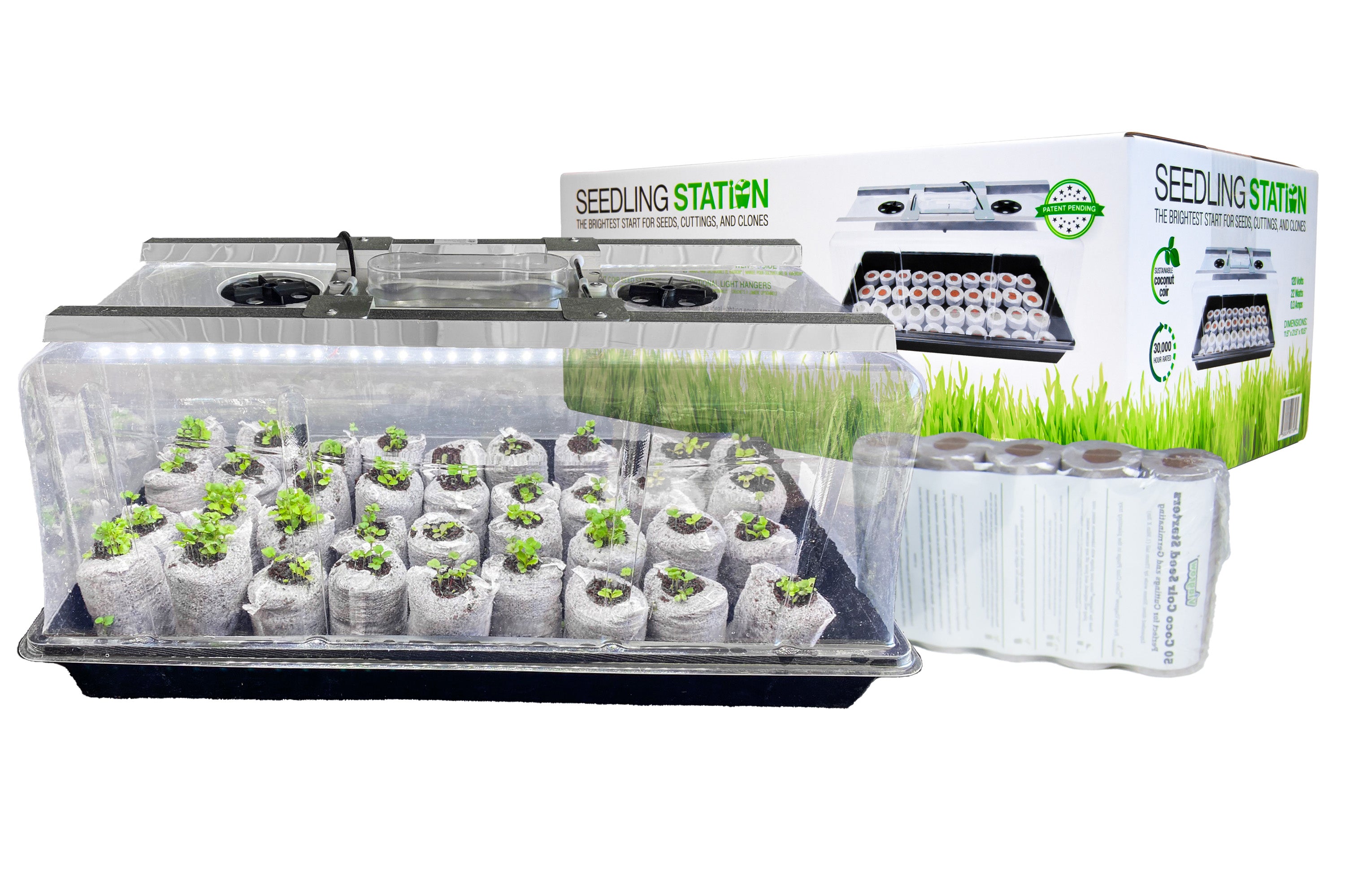 Viagrow seedling station kit with LED grow light, propagation dome, tray, and coir seedling starters. The product is packaged in a white and green box, and the setup is shown with seedlings growing inside the tray and dome.