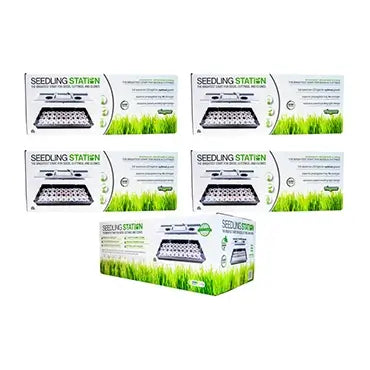 Boxes of Viagrow Seedling Station Kit with LED Grow Light, Propagation Dome, Tray, and 50 Coir Seedling Starters.