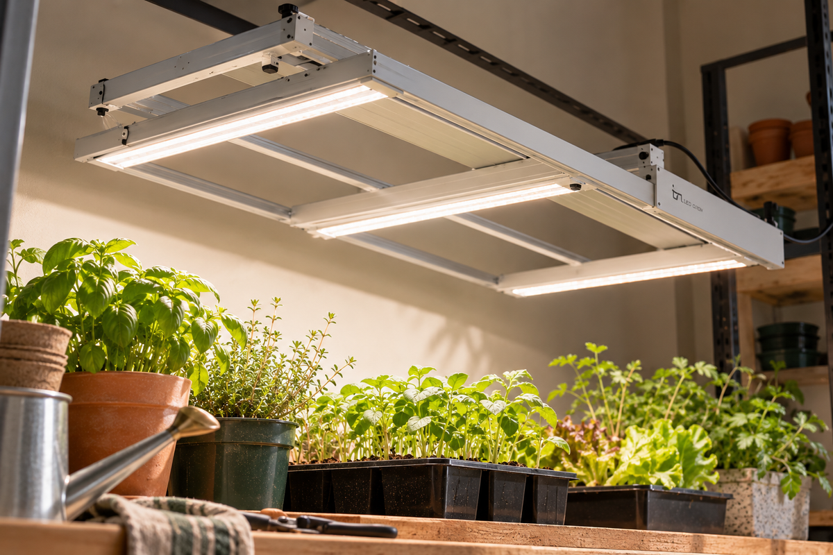 Full-spectrum LED grow light illuminating an indoor herb garden with basil, rosemary, and young vegetable seedlings.
